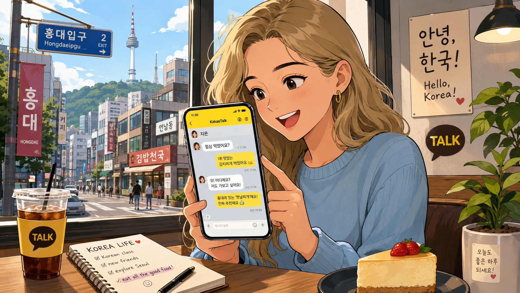 A foreign newcomer in Korea using essential Korean apps including NAVER Map, Papago, KakaoTalk, Kakao T and Coupang on a smartphone