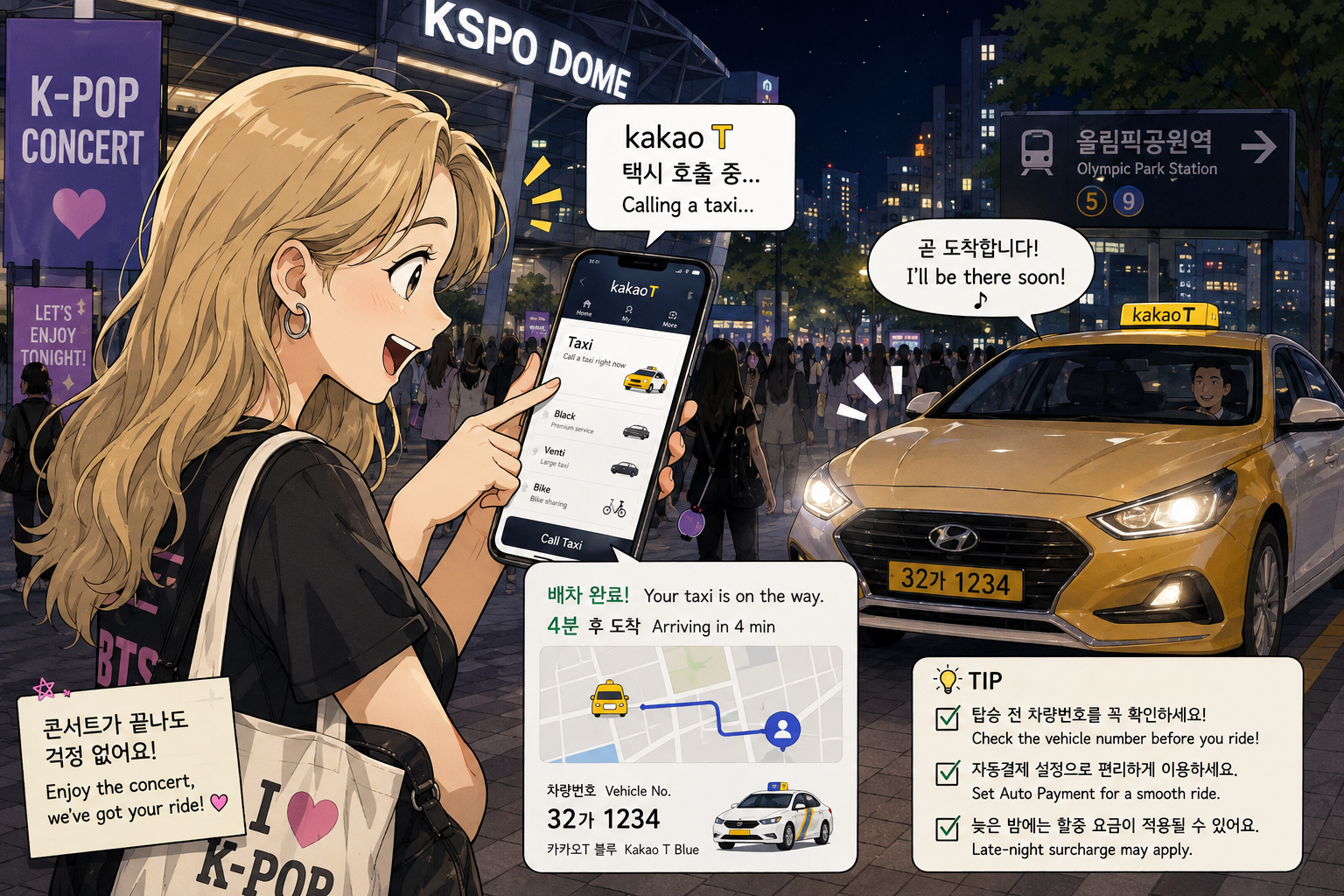 Young international K-pop fan using the Kakao T app to call a taxi outside a Seoul concert venue at night