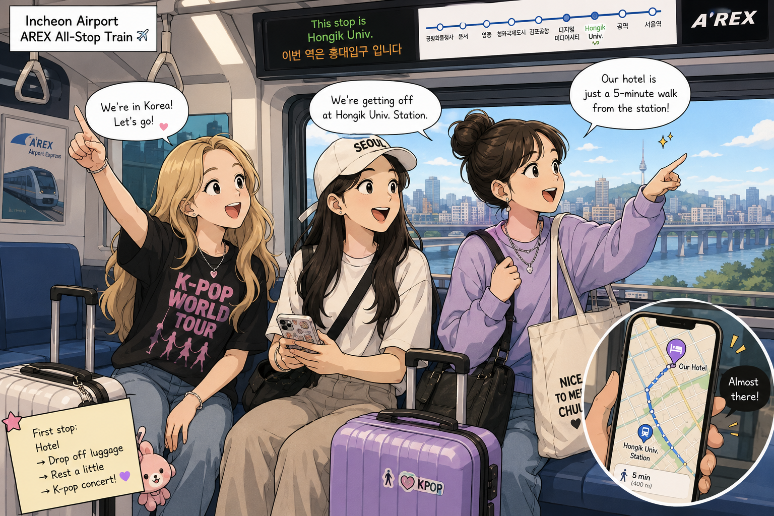Foreign K-pop travelers comparing the AREX train, airport limousine bus and taxi at Incheon International Airport