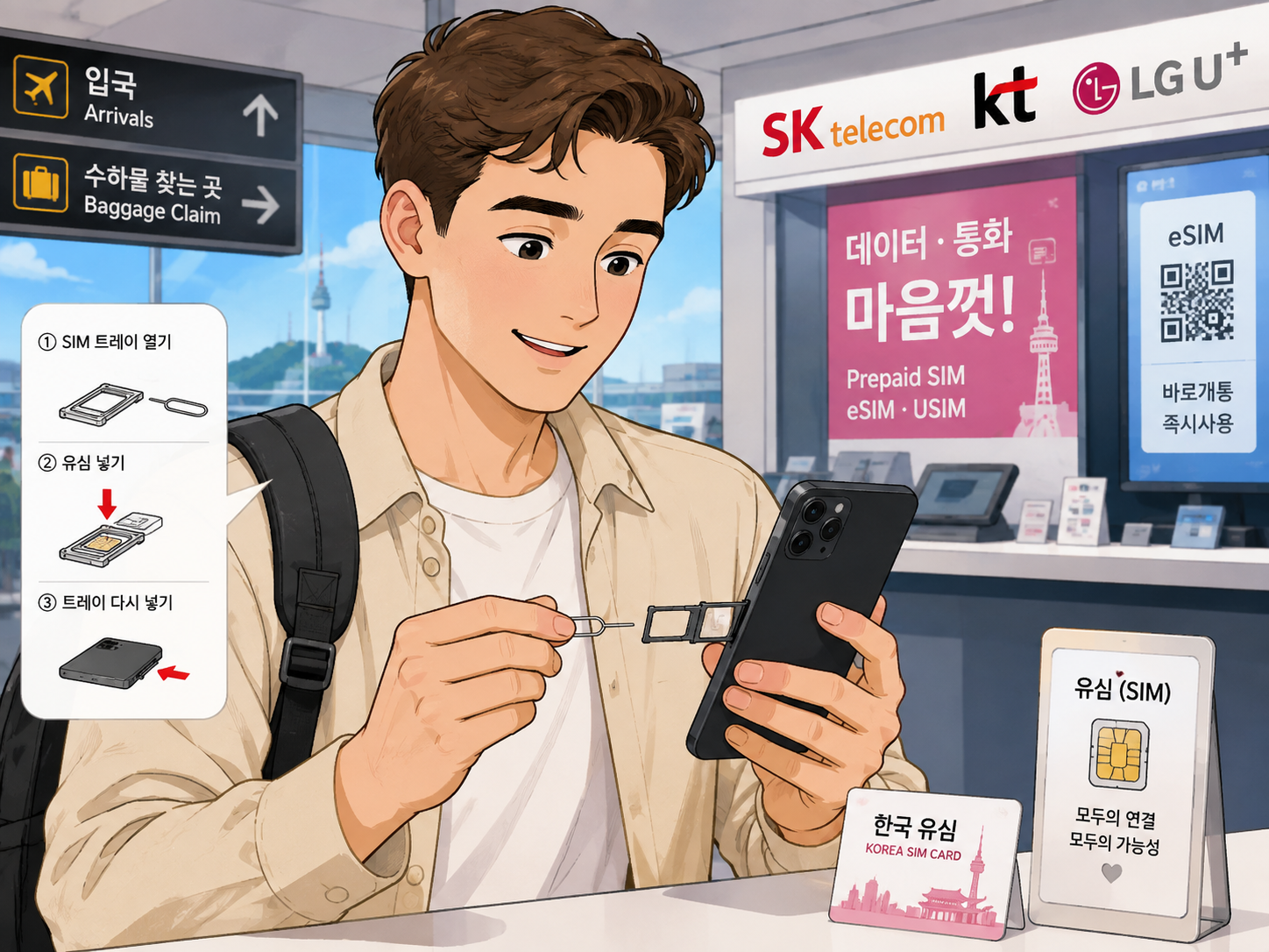A foreign newcomer in Korea comparing a physical SIM card and eSIM while setting up a Korean mobile phone number