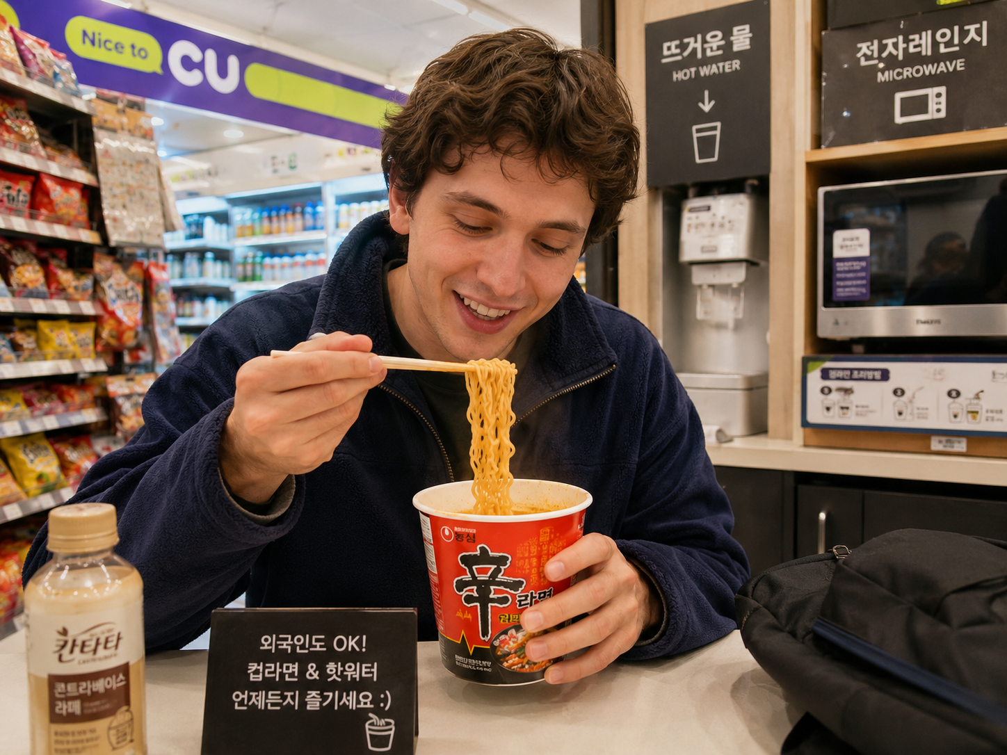 A foreign newcomer using a Korean convenience store to buy food, top up a transportation card and send a parcel