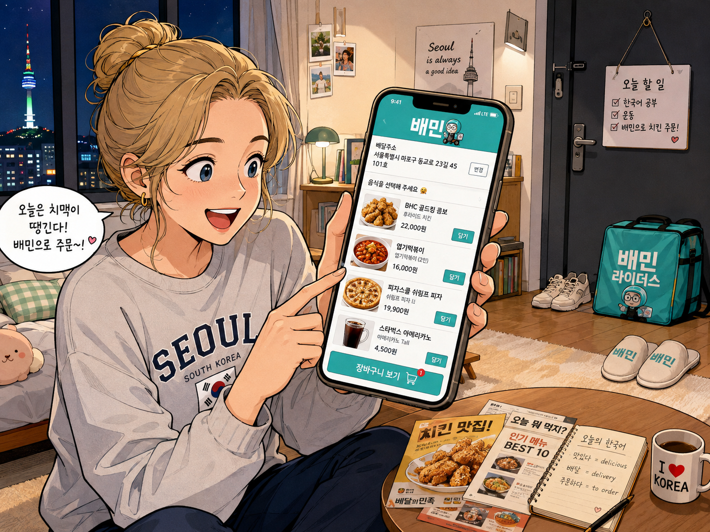 A foreign resident in Korea using Baemin to order Korean food to an apartment and receiving the delivery at the door