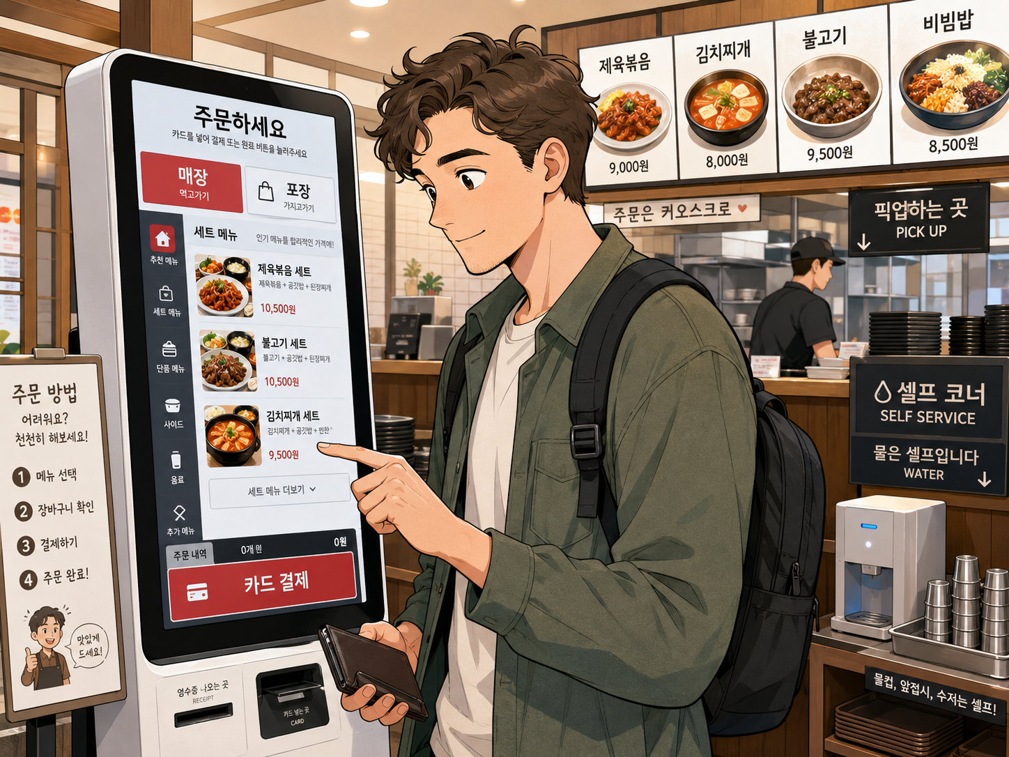 Illustrated Korean restaurant kiosk showing English language selection, menu options, card payment and an order number
