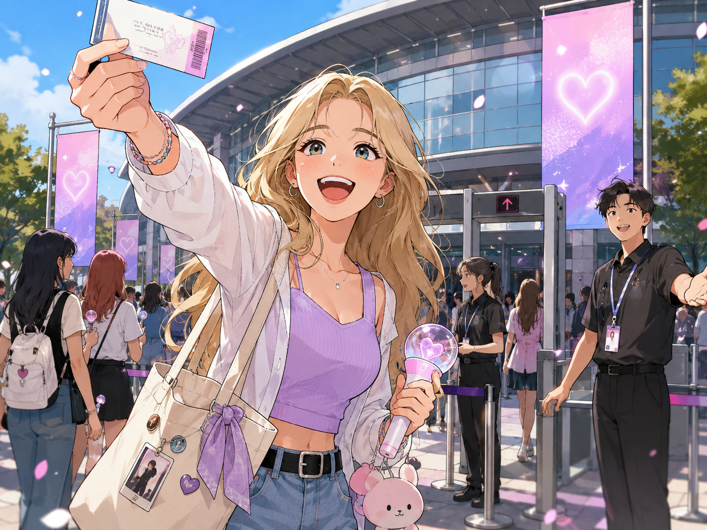 Young international K-pop fans arriving at a concert venue in Seoul with light sticks, tickets and small bags