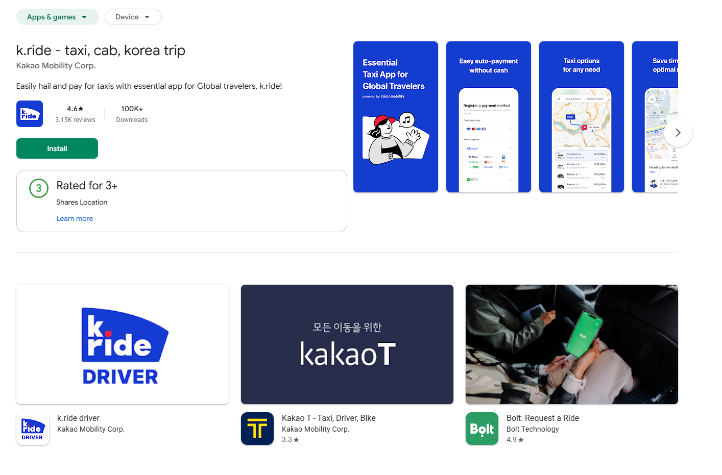 Google Play listing for k.ride taxi cab korea trip