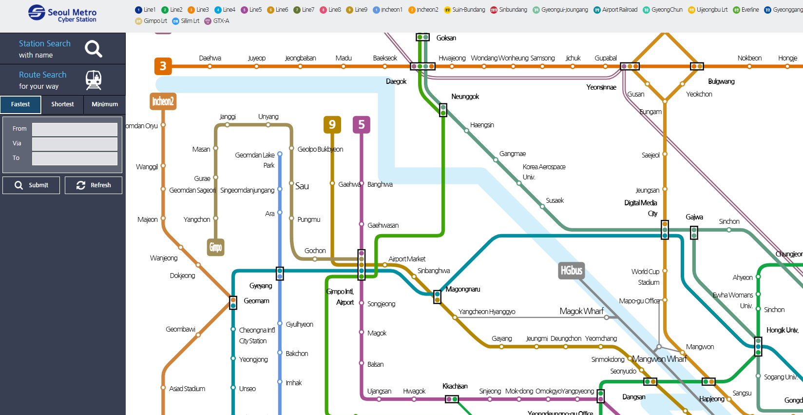 Seoul Metro Cyber Station subway map with station search and route search tools