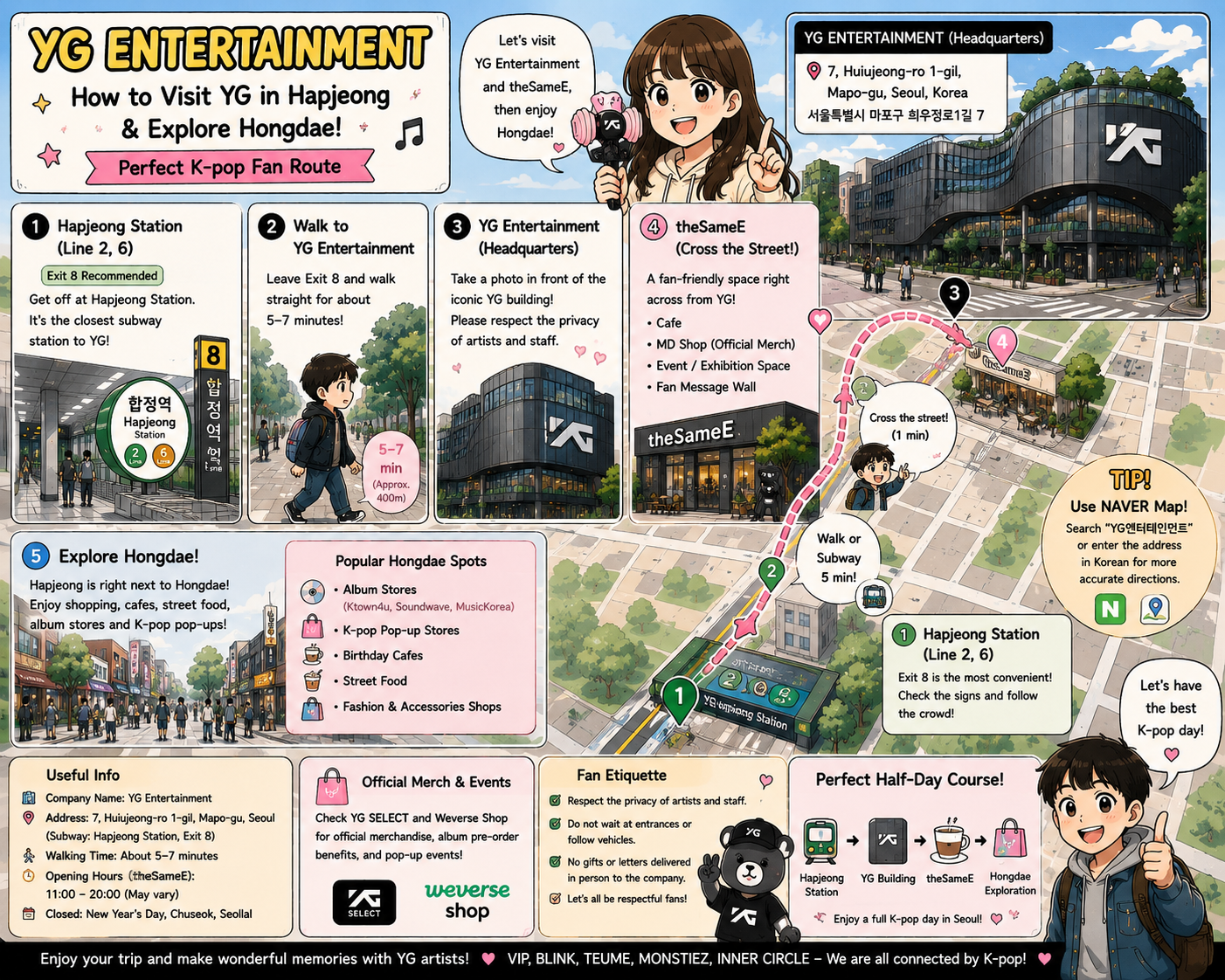 International K-pop fans visiting YG Entertainment and theSameE in Hapjeong before exploring Hongdae in Seoul